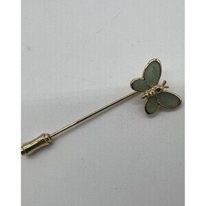 Vtg MCM Gold Plated Jade Green Butterfly Stick Pin Spring Monarch Fly Insects